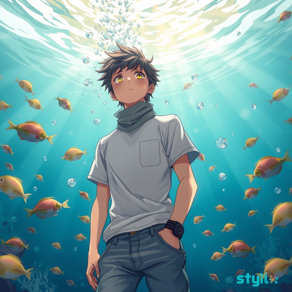 A stylish anime teen boy submerged underwater, wearing a trendy tee tucked into casual jeans