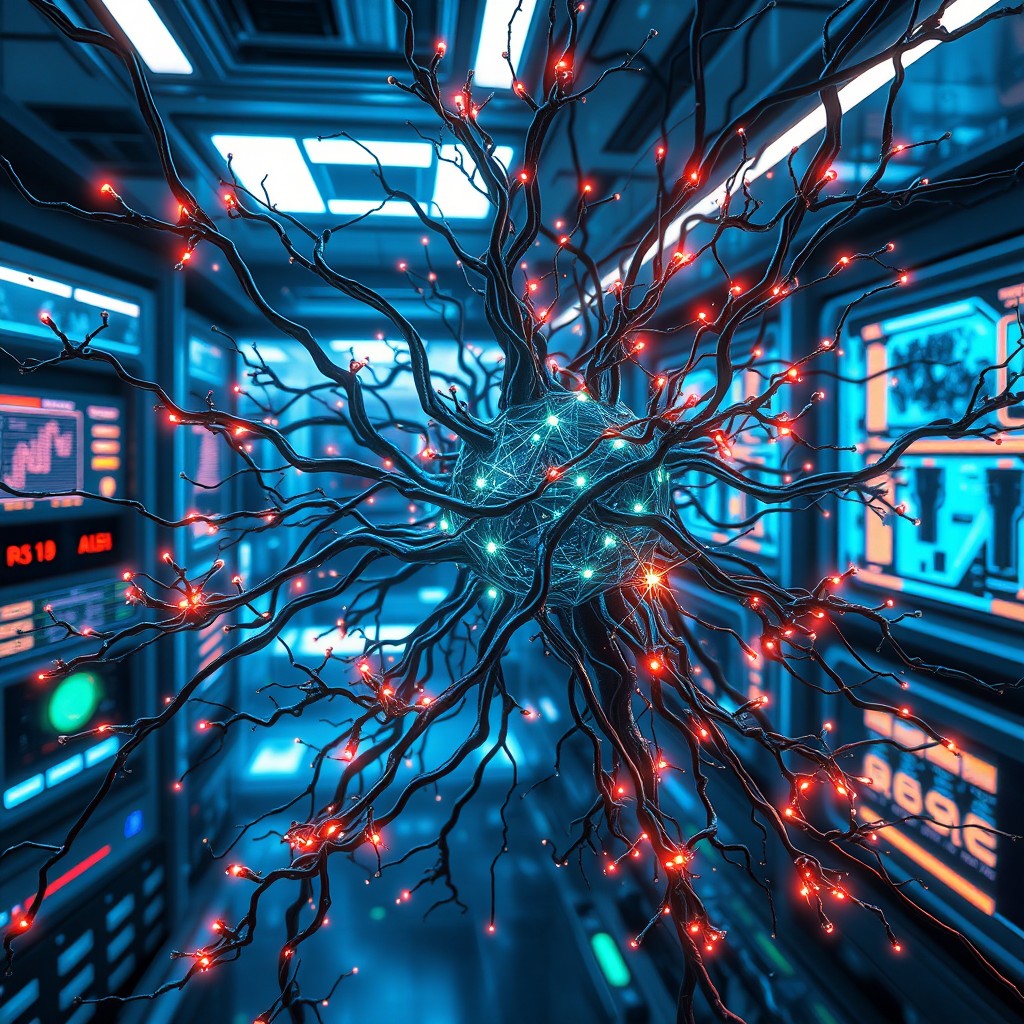 An intricate and futuristic depiction of a 'Neural Nexus', showcasing bioengineered neural networks merging seamlessly with advanced quantum computing mechanisms