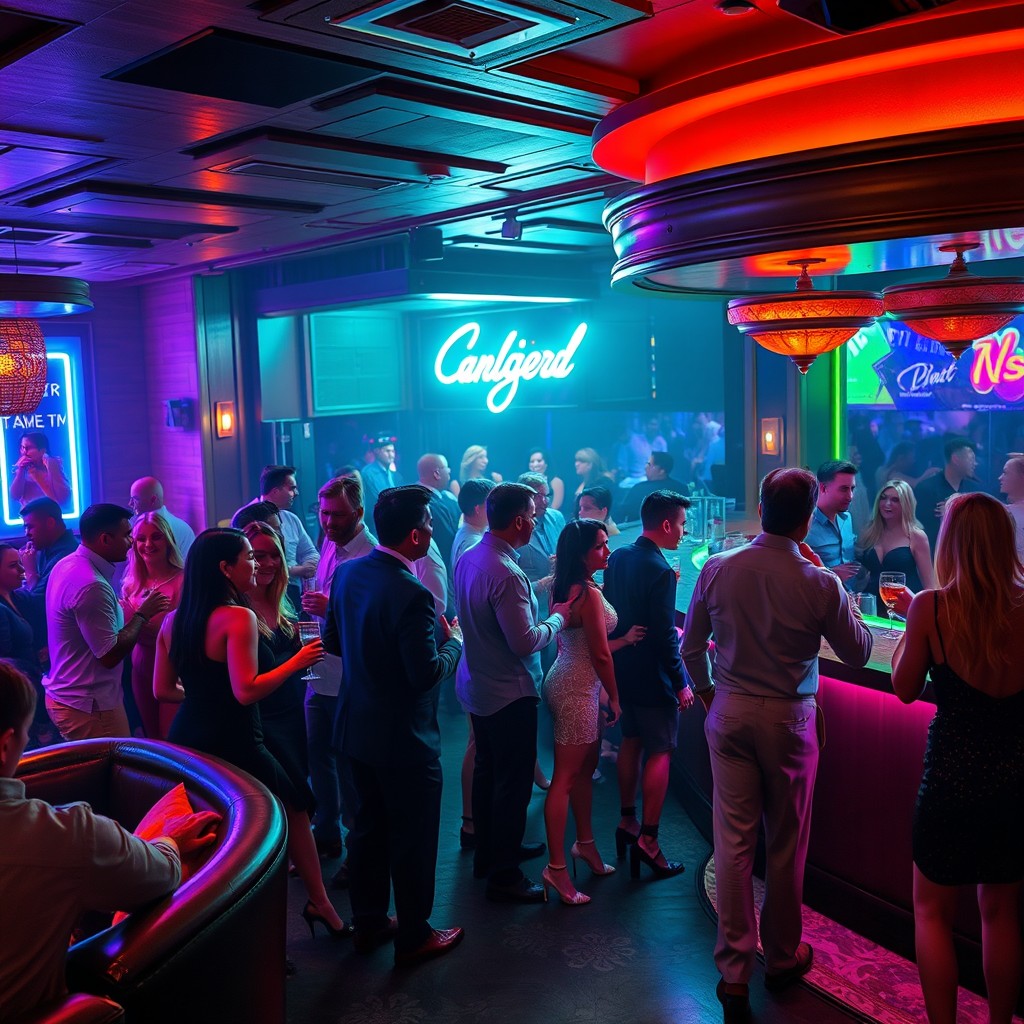 A lively and upscale swinger club environment featuring stylishly dressed couples enjoying themselves, engaging in flirtatious conversations, and mingling