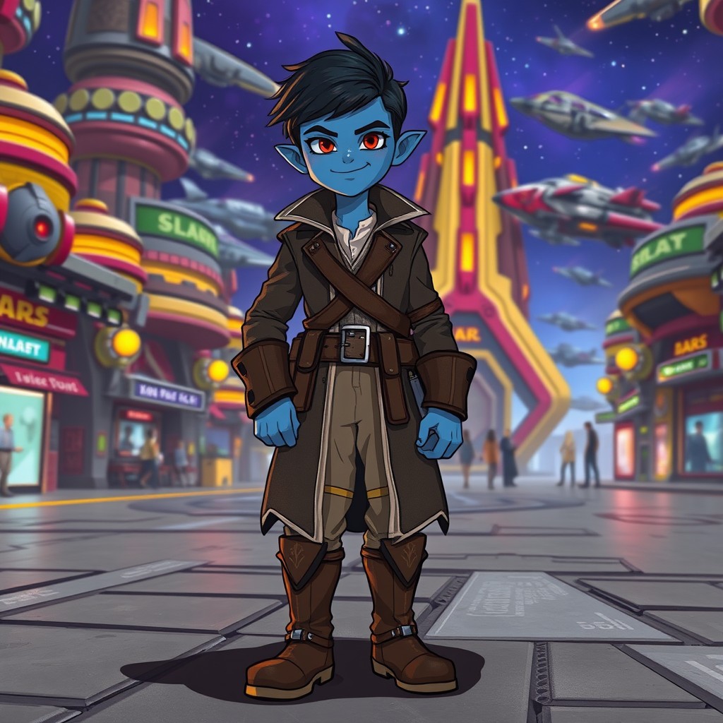 A 15-year-old Chiss character in a Star Wars universe, dressed in swashbuckler-style clothing that includes a high-collared coat, sashes, and knee-high boots
