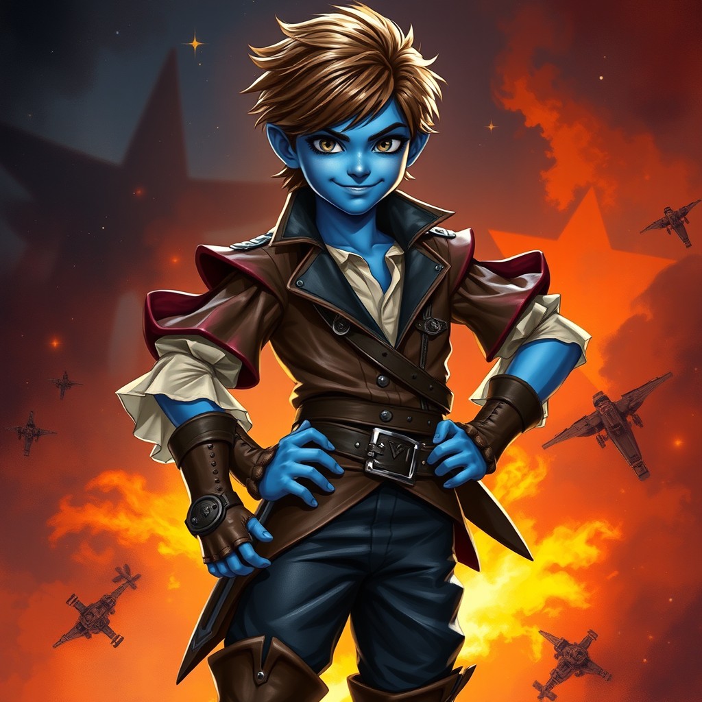 A young Chiss boy from the Star Wars universe, around 15 years old, dressed in stylish and adventurous swashbuckler attire