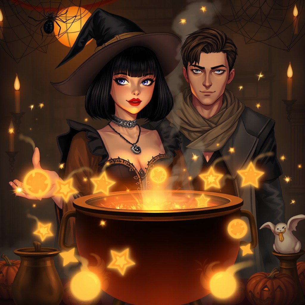 A woman with bob hairstyle and bangs, featuring beautiful aiyah hair, dressed in a witch costume, alongside a man in stylish attire with a scarf