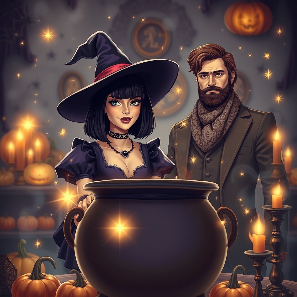 A stylish woman with bobbed hair and bangs wearing a witch costume, alongside a bearded man with brown hair dressed in elegant attire with a scarf