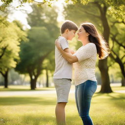 A gentle mother and her joyful son engaged in a playful moment in a sunny, lush park.