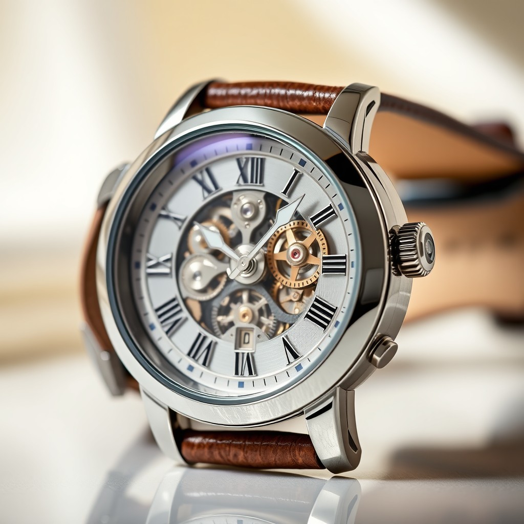 A stunning close-up of a classic wristwatch, set against a soft-focus elegant background