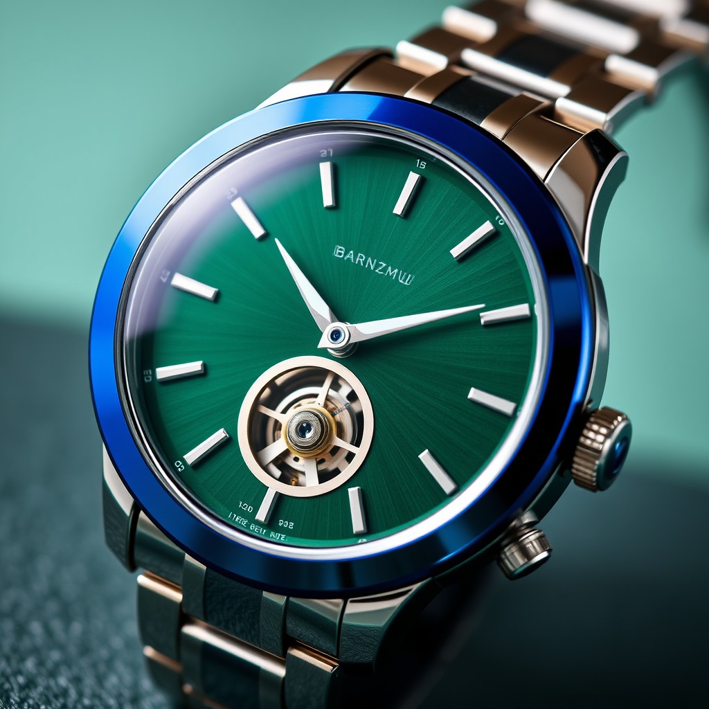 An exquisite tourbillon watch from the brand BARNZMU, featuring a luxurious design with a striking blue bezel and a captivating green dial