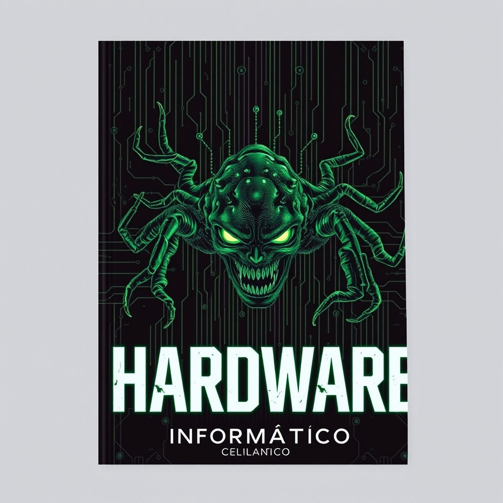 An artistic cover design featuring a detailed illustration of a computer virus depicted as a creepy, abstract creature made of green, glowing digital code
