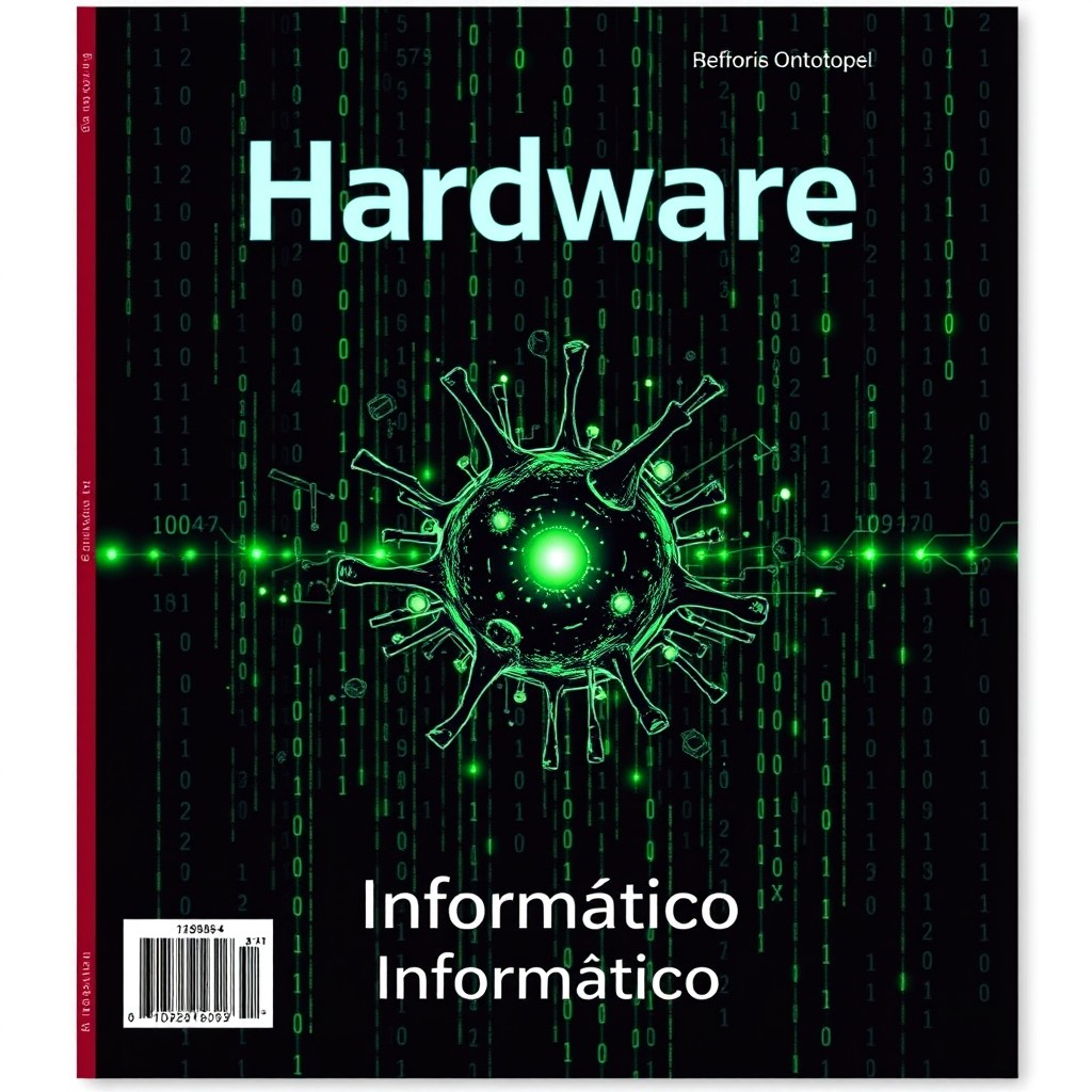 An artistic cover design featuring a striking illustration of a computer virus, visualized as a digital entity composed of fragmented data and bright green light, surrounded by a matrix-like background with binary code