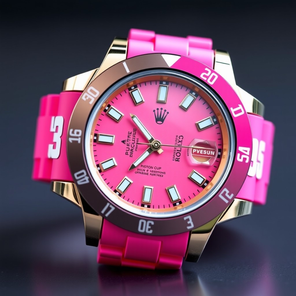 A stylish, sporty wristwatch inspired by Rolex design, featured in vibrant pink