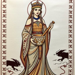 A beautifully detailed hand embroidery featuring a Norse goddess, elegantly portrayed, standing tall and proud