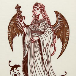 A beautifully detailed hand embroidery featuring a Norse goddess, elegantly portrayed, standing tall and proud