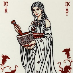 A beautifully detailed hand embroidery featuring a Norse goddess, elegantly portrayed, standing tall and proud