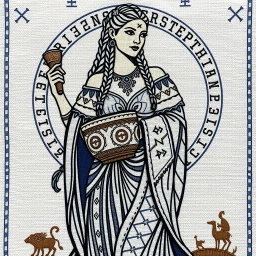 A beautifully detailed hand embroidery featuring a Norse goddess, elegantly portrayed, standing tall and proud