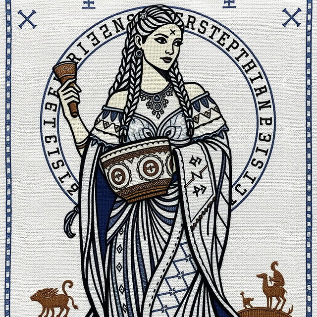 A beautifully detailed hand embroidery featuring a Norse goddess, elegantly portrayed, standing tall and proud