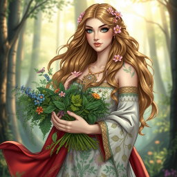 A vibrant and detailed depiction of the Norse goddess Eir, known for her association with healing