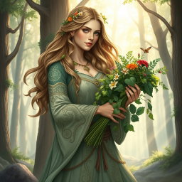 A vibrant and detailed depiction of the Norse goddess Eir, known for her association with healing