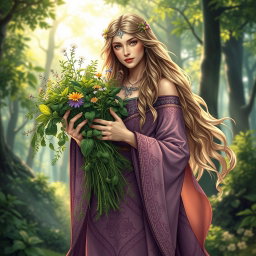 A vibrant and detailed depiction of the Norse goddess Eir, known for her association with healing