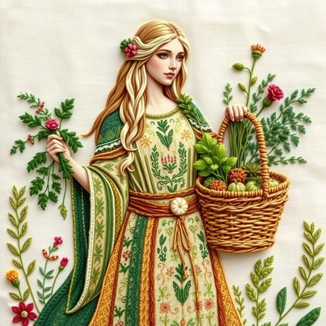 A beautifully crafted hand embroidery depiction of the Norse goddess Eir, known for her healing abilities