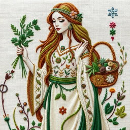 A beautifully crafted hand embroidery depiction of the Norse goddess Eir, known for her healing abilities