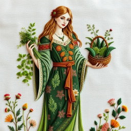 A beautifully crafted hand embroidery depiction of the Norse goddess Eir, known for her healing abilities