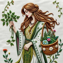 A beautifully crafted hand embroidery depiction of the Norse goddess Eir, known for her healing abilities