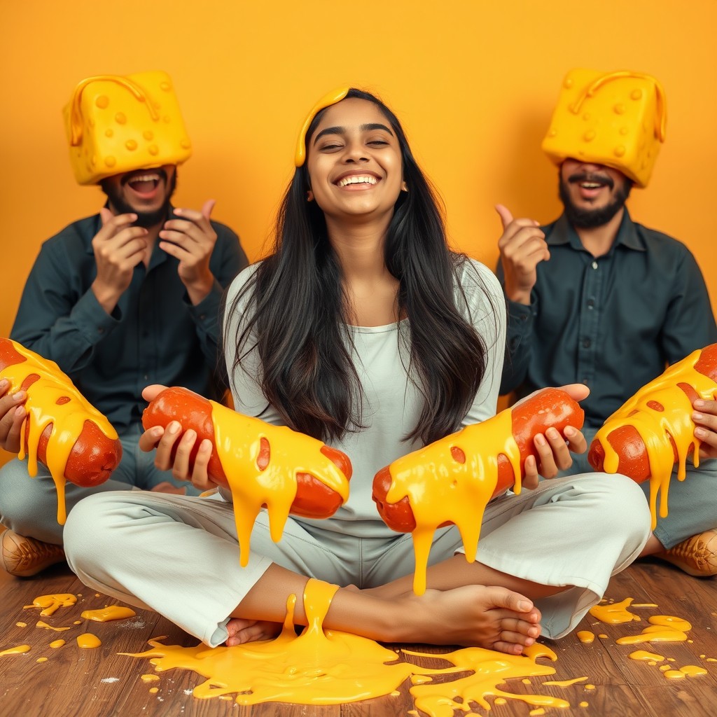 A captivating 18-year-old Pakistani girl sitting in a criss-cross position, smiling blissfully with her eyes closed