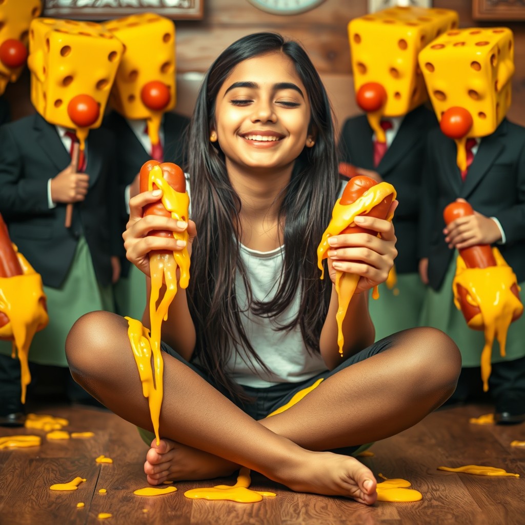 A stunning 18-year-old Pakistani girl sitting in a criss-cross position, smiling with her eyes closed, radiating joy and warmth