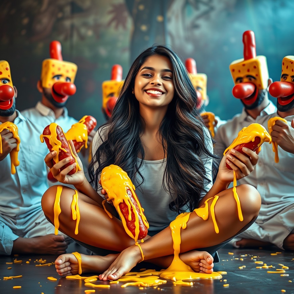 A vibrant scene featuring a stunning 18-year-old Pakistani girl sitting in a criss-cross position, her eyes closed as she smiles radiantly