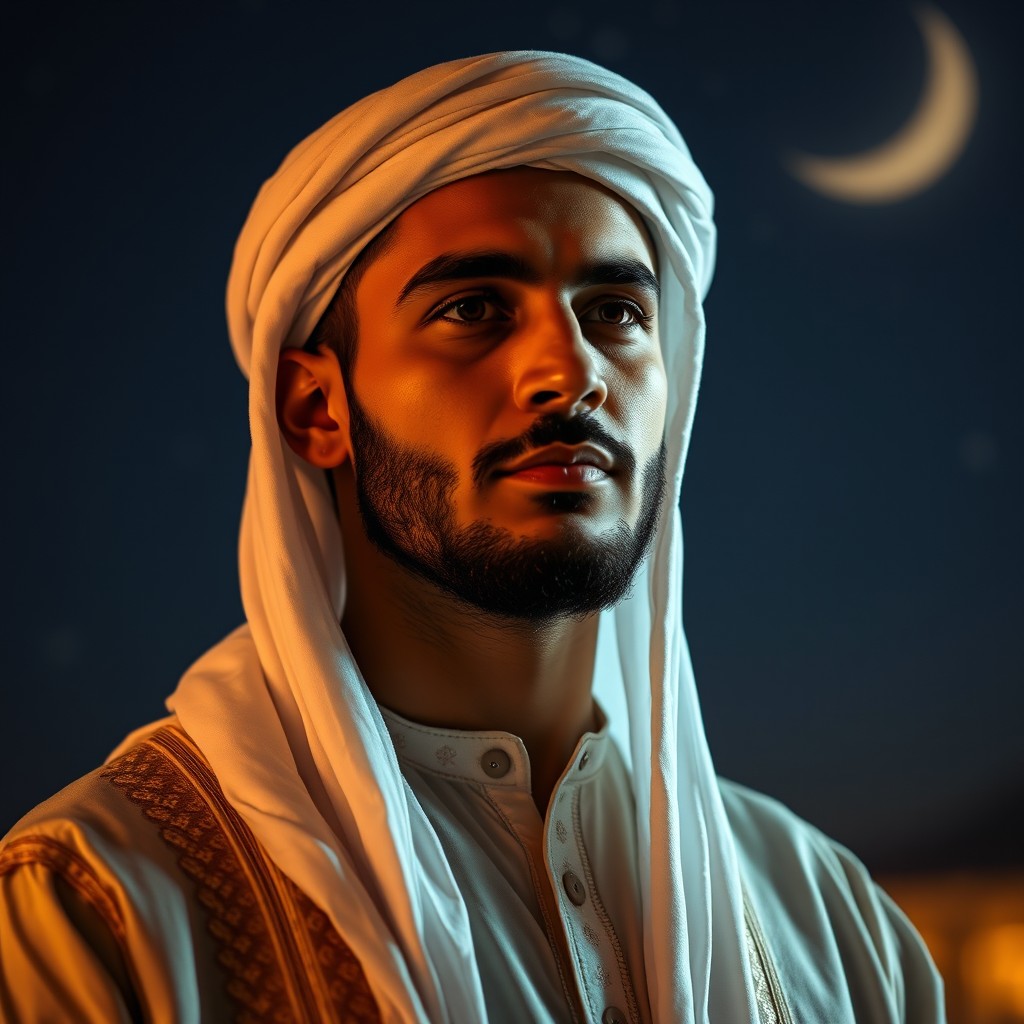 A captivating portrait of an Islamic man at night, illuminated by a soft, warm light