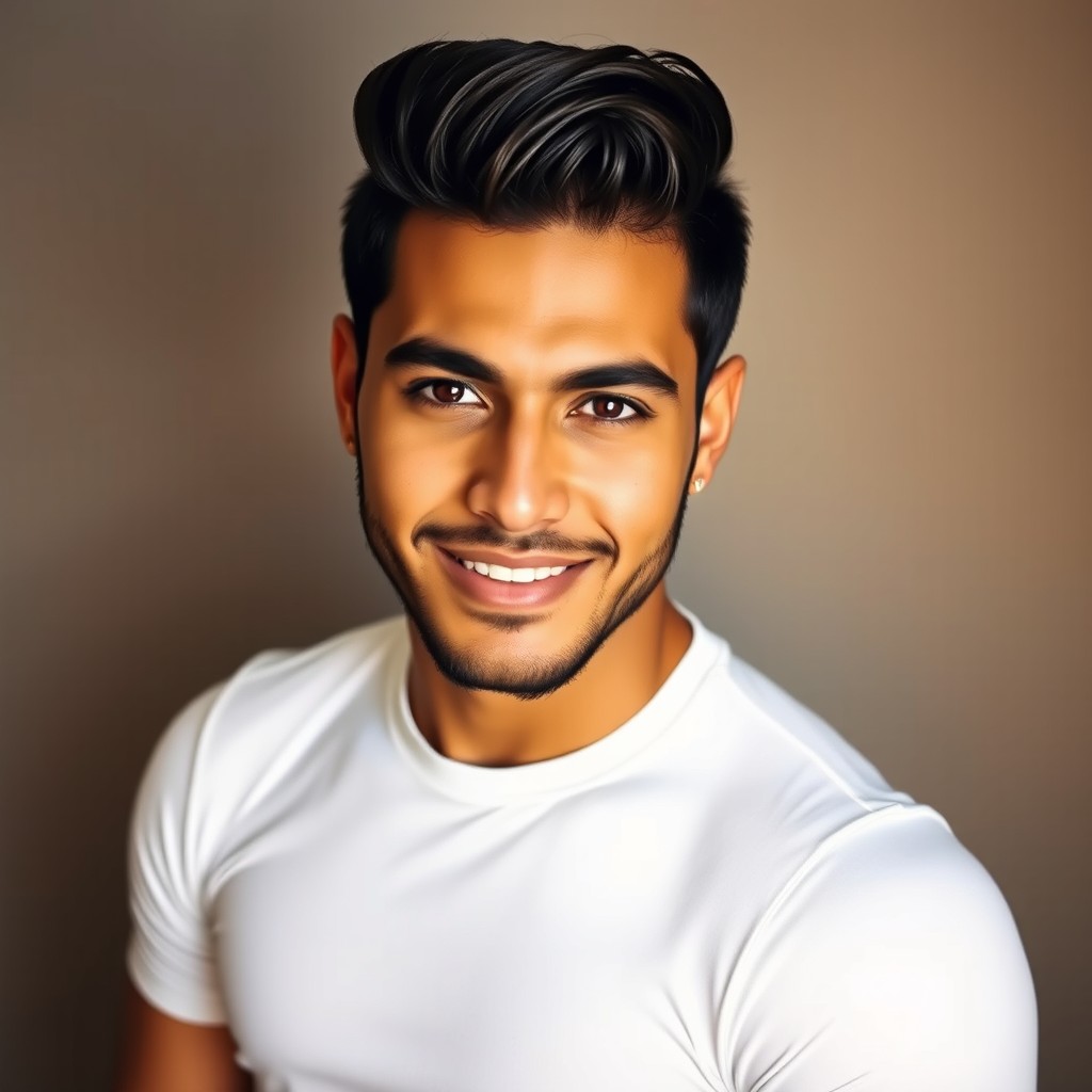 A striking portrait of a handsome Hispanic man, showcasing his strong features and engaging smile