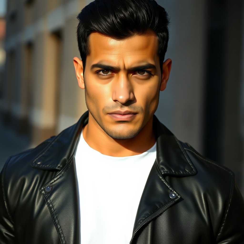 A handsome Hispanic man portrait with a stern expression on his face, featuring strong jawline, dark hair neatly styled, and deep brown eyes that convey intensity and strength