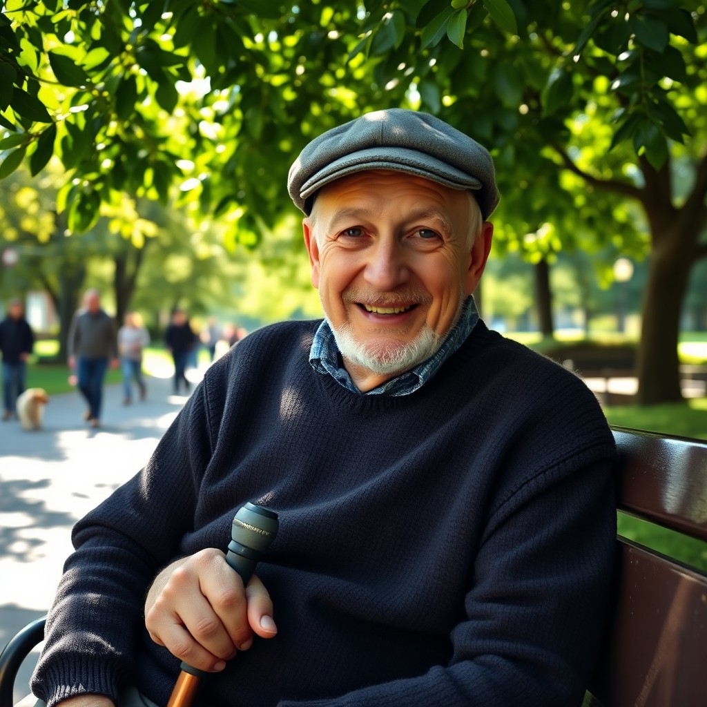 An elderly man with a warm smile and expressive eyes, sitting on a park bench surrounded by lush greenery