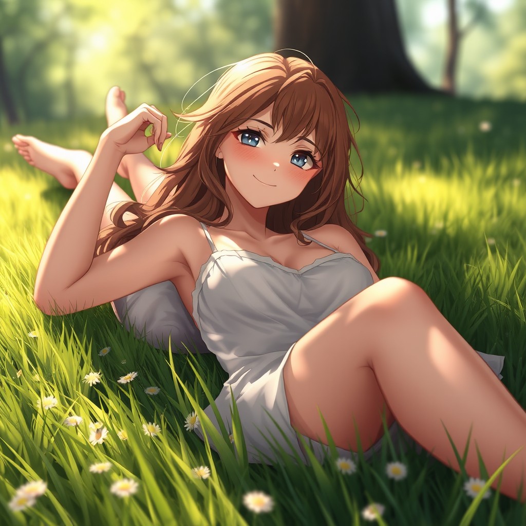 A captivating female character laid back on a lush green grassy field, wearing an alluring sun dress that subtly hints at her curves