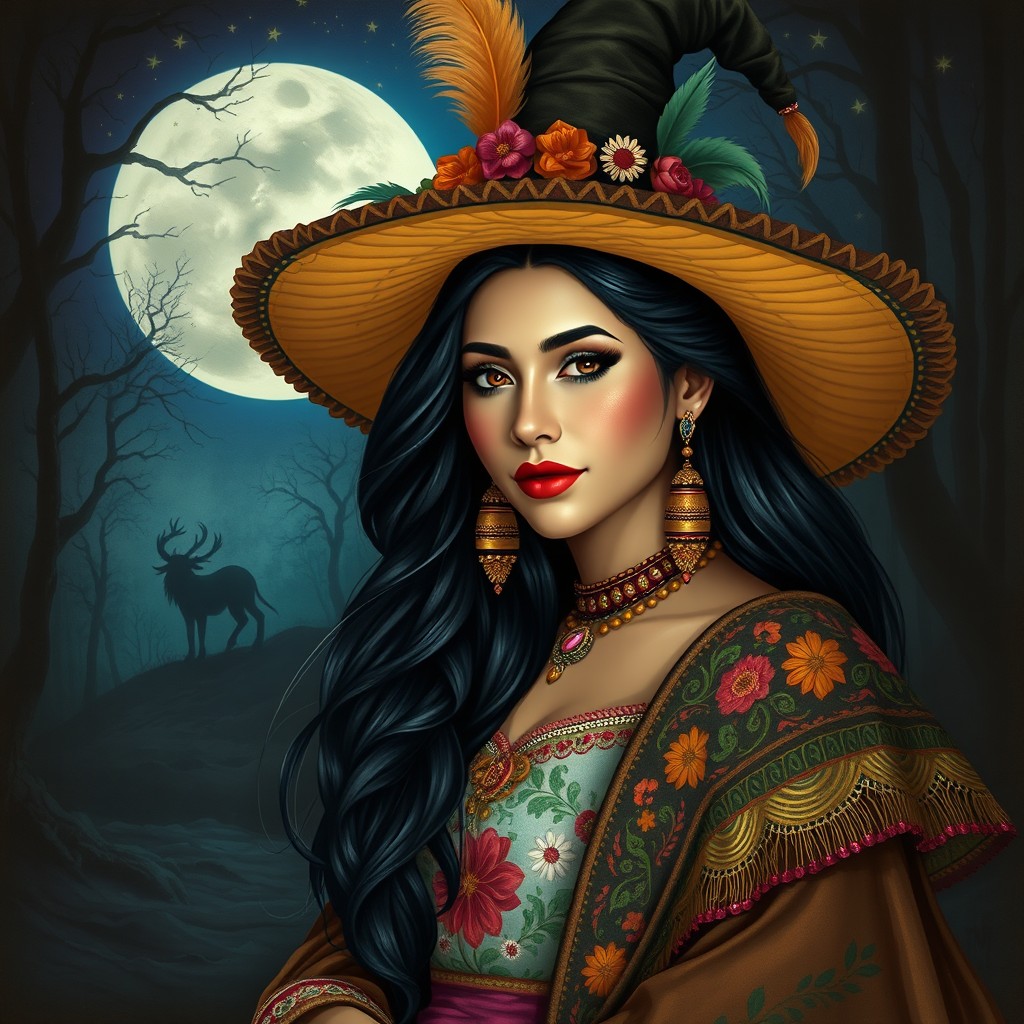 A captivating Mexican woman dressed as a traditional witch, adorned with intricate, colorful attire that reflects Mexican culture, including a flowing dress with floral patterns and a mystical shawl