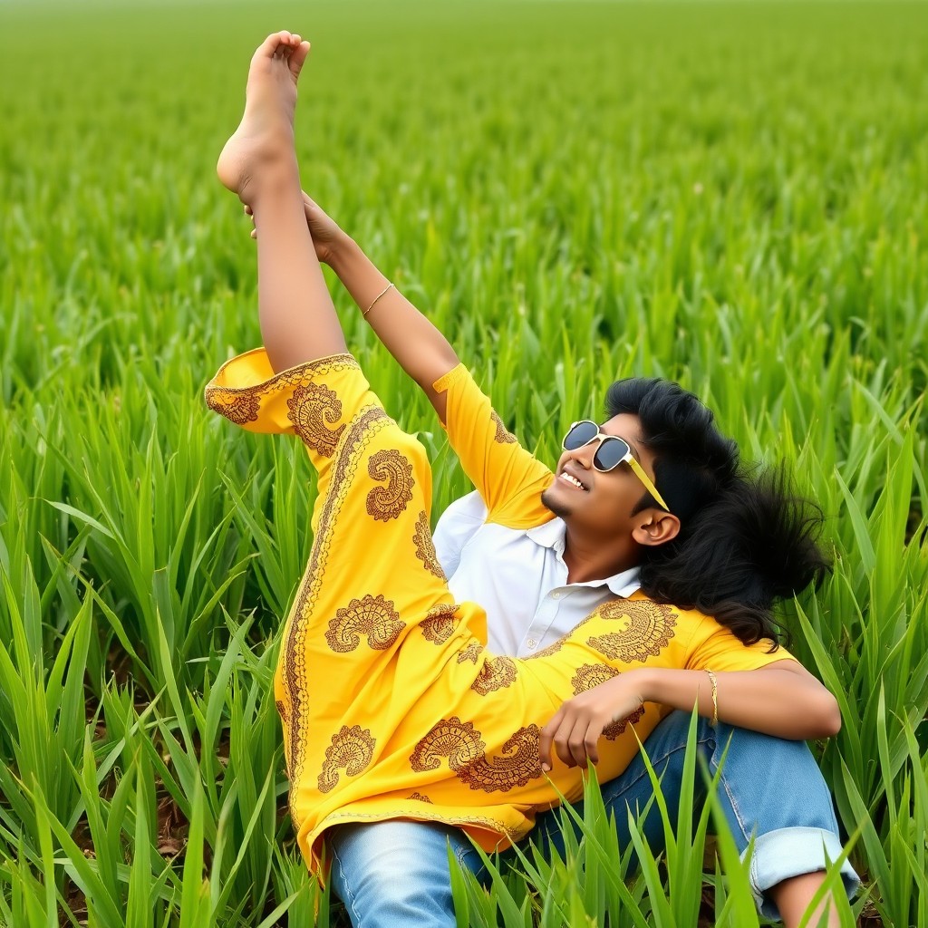 A playful scene in a lush paddy plant field featuring a cute Indian boy and a 16-year-old Indian girl