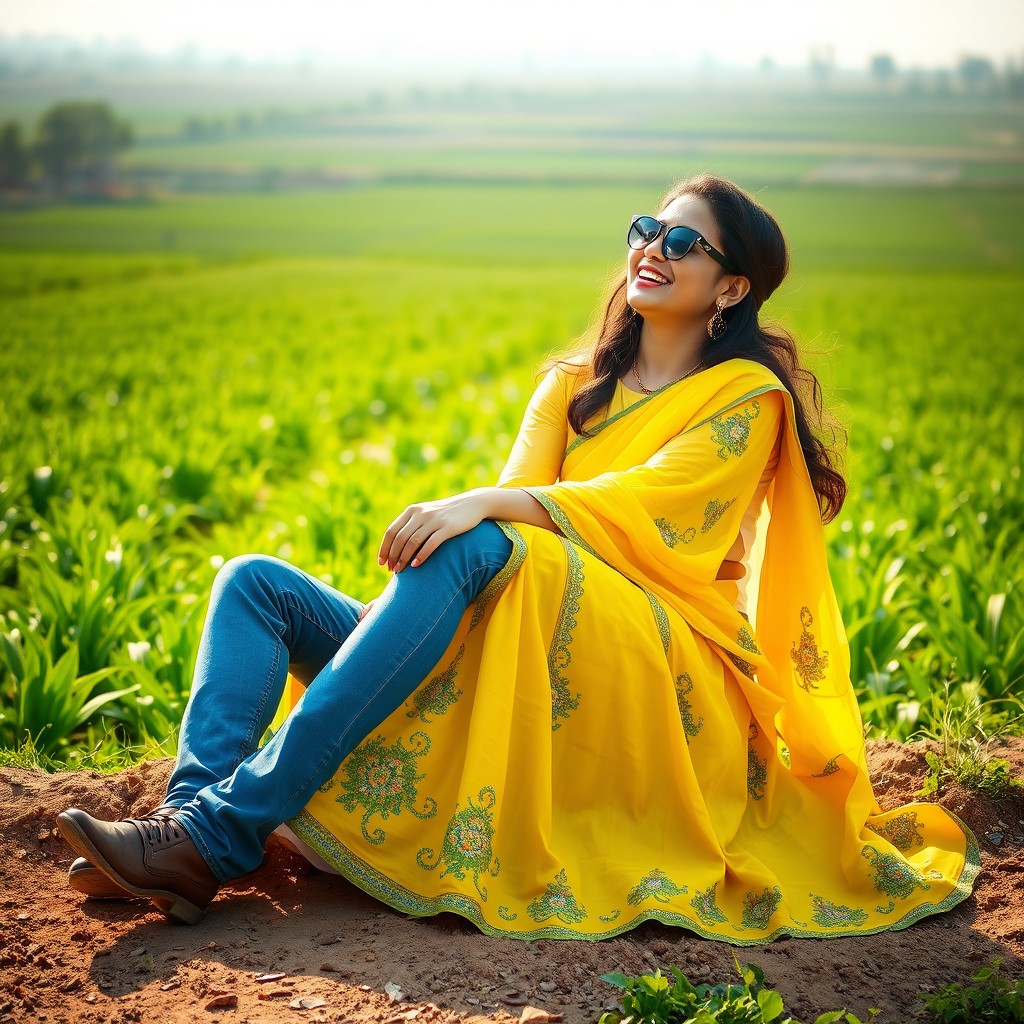 A romantic village couple sitting on farmland, smiling and laughing together