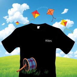 A black t-shirt design featuring colorful kites soaring high in a bright blue sky, with fluffy white clouds scattered throughout