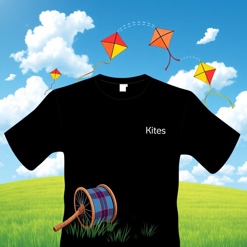A black t-shirt design featuring colorful kites soaring high in a bright blue sky, with fluffy white clouds scattered throughout