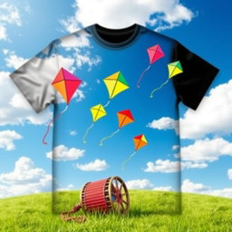 A black t-shirt design featuring colorful kites soaring high in a bright blue sky, with fluffy white clouds scattered throughout