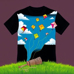 A black t-shirt design featuring colorful kites soaring high in a bright blue sky, with fluffy white clouds scattered throughout