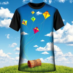 A black t-shirt design featuring colorful kites soaring high in a bright blue sky, with fluffy white clouds scattered throughout