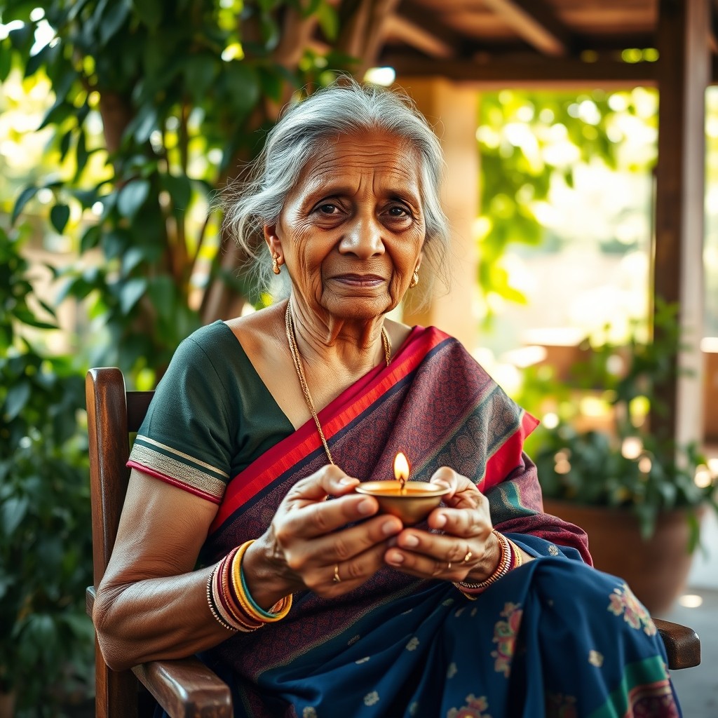 A wise old Indian woman, wearing traditional colorful sarees adorned with intricate patterns, sitting gracefully on a wooden chair, holding a small brass lamp in her hands