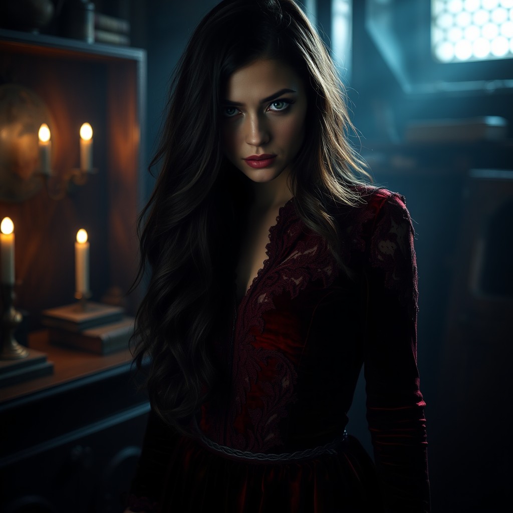 A mysterious woman standing in a dimly lit room, her face partially obscured by shadows