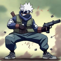 Kakashi Hatake from Naruto, donned in his signature attire, confidently wielding an HK16 gun.