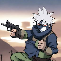 Kakashi Hatake from Naruto, donned in his signature attire, confidently wielding an HK16 gun.