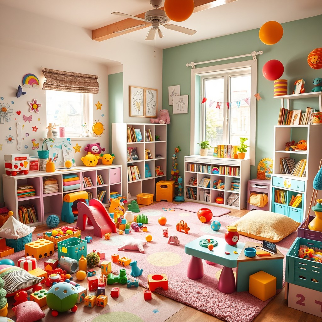 A vibrant and colorful children's home playroom filled with a variety of toys, play structures, and cheerful decorations