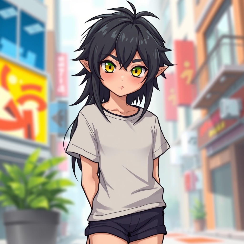 A half-elf character with youthful features, wearing modern casual clothing consisting of a t-shirt and shorts