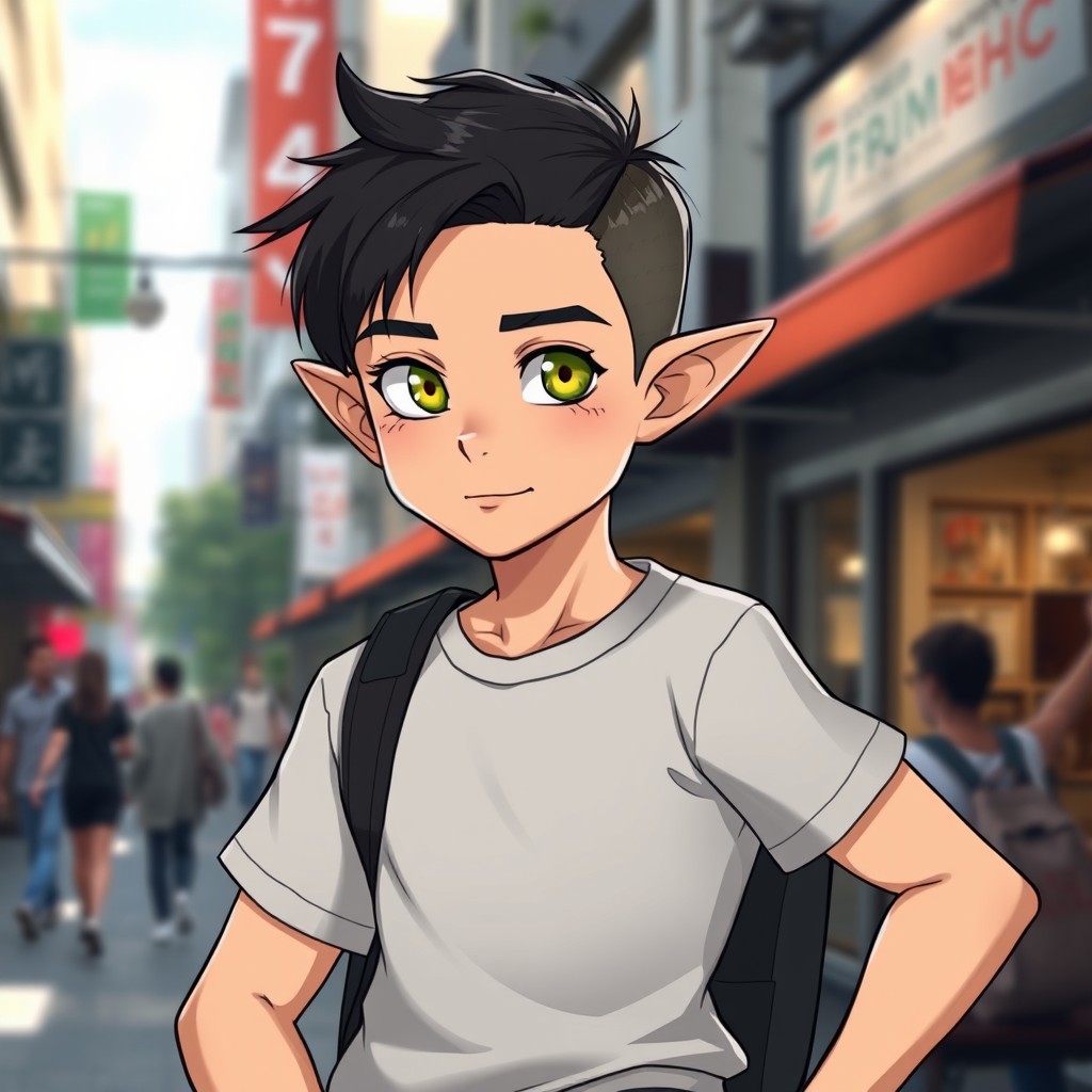 A young half-elf character with a youthful appearance, featuring a short buzzed haircut in jet black