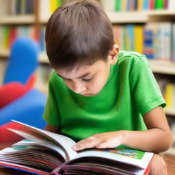 A young boy engrossed in reading a large, colorful book