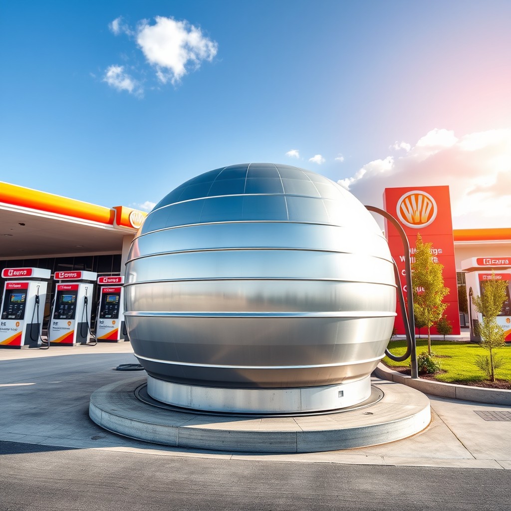A side view of a fuel tank at a gas station, showcasing a large cylindrical fuel reservoir with a metallic surface, surrounded by various gas pumps, neatly arranged with colorful branding